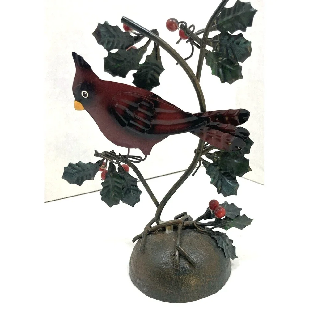 Vintage Metal Winter Cardinal and Holly Leaves Cast Iron Base Figure 7
